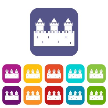 Düz set ortaçağ duvar ve kuleleri simgeleri