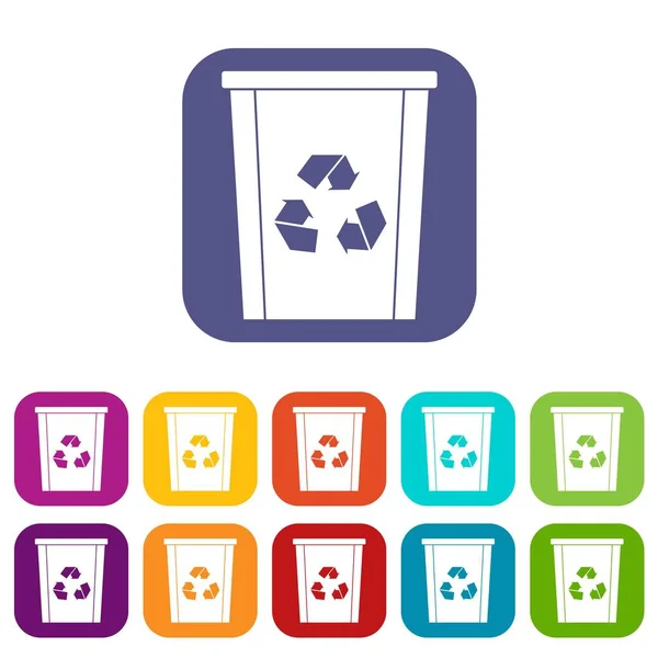 Papelera con símbolos de reciclaje conjunto de iconos plana — Vector de stock