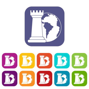 Dünya gezegen ve satranç Kalesi simgeler düz ayarla