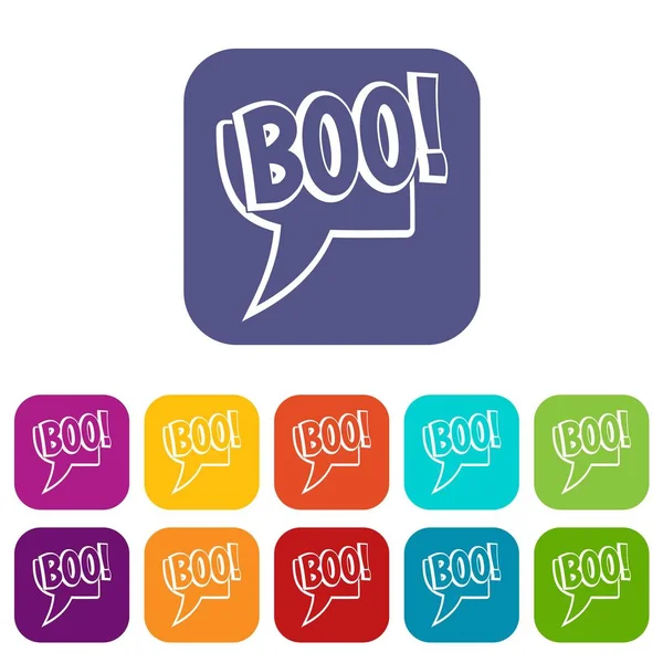 Boo, instellen komische tekst toespraak bubble pictogrammen plat — Stockvector