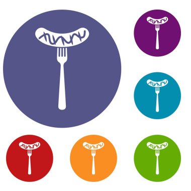 Bir çatal hardal Icons set üzerinde ızgara sosis