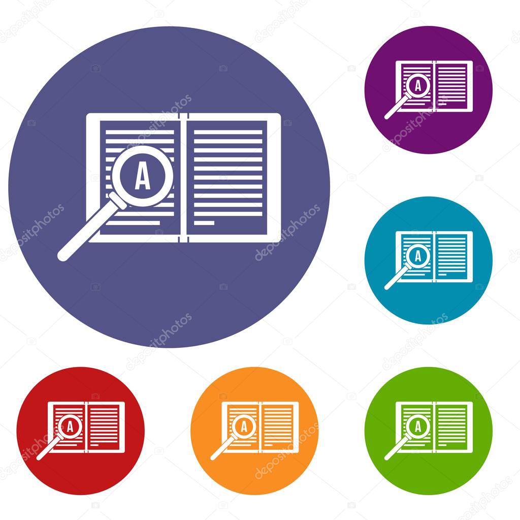 Magnifying glass over open book icons set