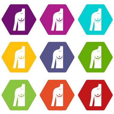 Meme implant ameliyatı. renk altı yüzlü Icon set