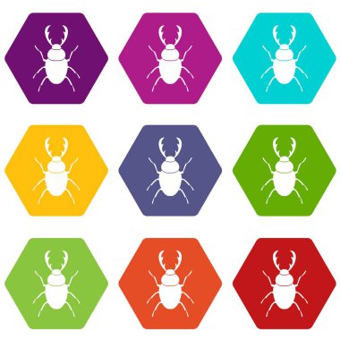 Renk altı yüzlü Stag beetle Icon set