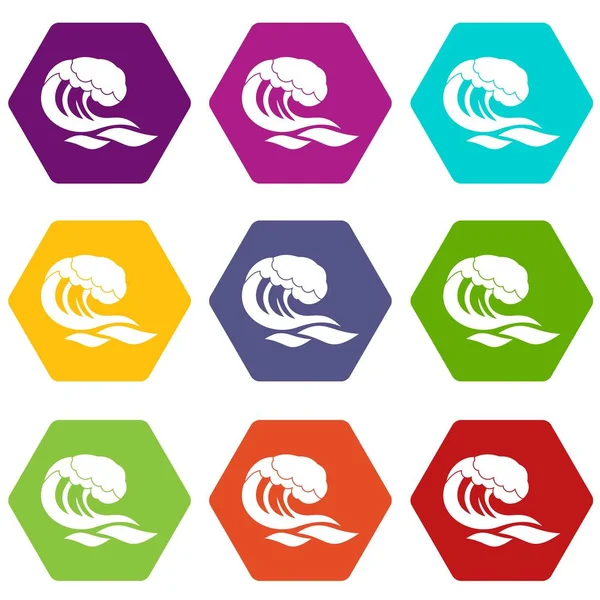 Set de iconos de onda hexaedro color — Vector de stock