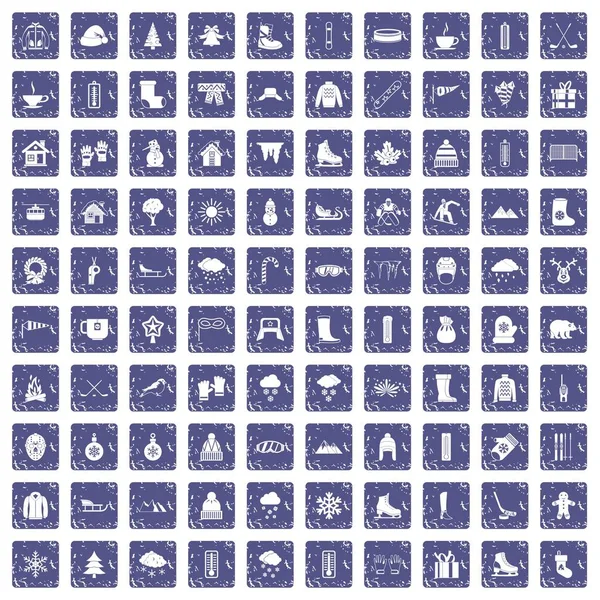 100 iconos de invierno conjunto grunge zafiro — Vector de stock