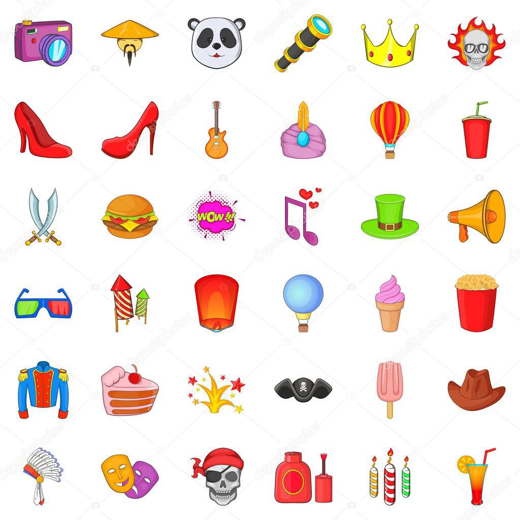 Costume party icons set, cartoon style