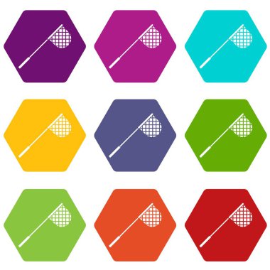 Renk altı yüzlü Balık tutma net Icon set