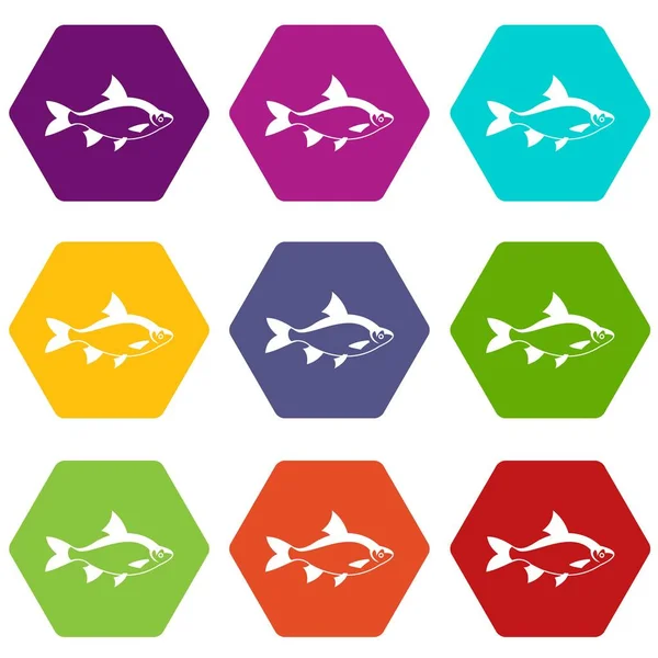 Zestaw ikon ryba rzeka kolor pręt sześciokątny — Wektor stockowy