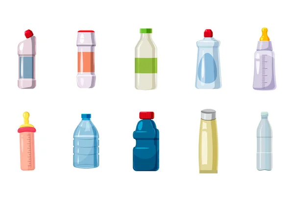 Πλαστικό μπουκάλι σύνολο εικονιδίων, ύφος κινούμενων σχεδίων — Διανυσματικό Αρχείο
