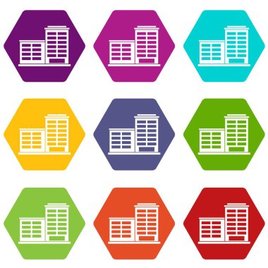 Renk altı yüzlü üretim fabrika binası Icon set