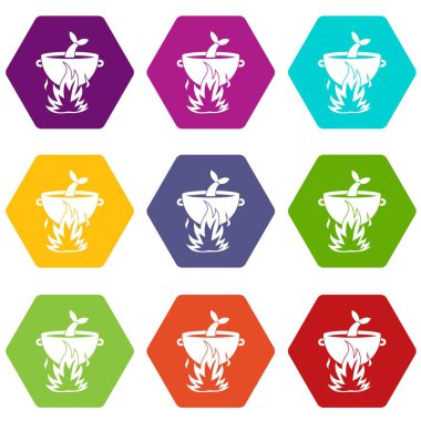 Bir yangın simge kümesi renk altı yüzlü balık çorbası