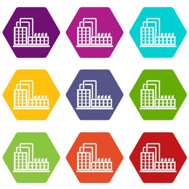 Renk altı yüzlü fabrika binası Icon set