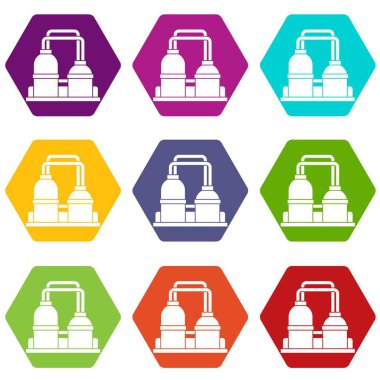 Renk altı yüzlü petrol işleme fabrika Icon set
