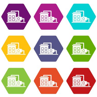 Renk altı yüzlü fabrika binası Icon set