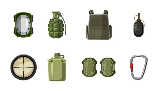 Vojenské vybavení sady ikon, kreslený styl — Stockový vektor