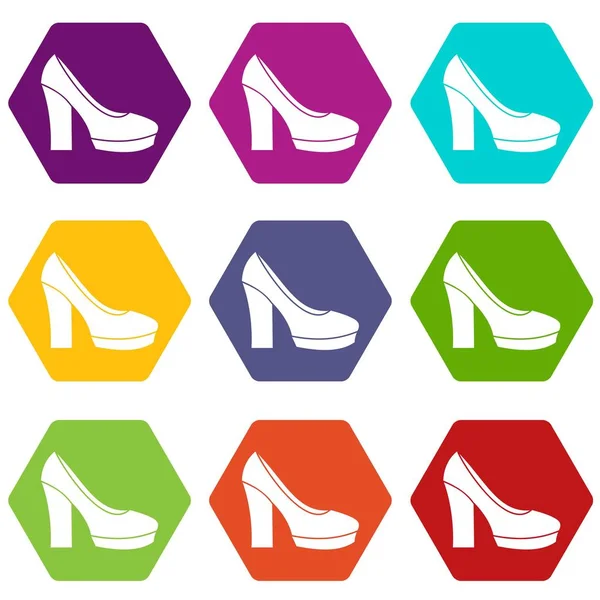 Wysoki obcas buty ikonę Ustaw kolor pręt sześciokątny — Wektor stockowy