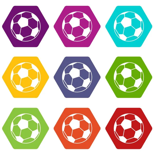 Juego de iconos de pelota de fútbol hexaedro de color — Vector de stock