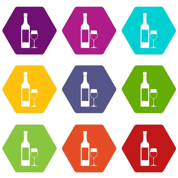 Bouteille de vin icône ensemble couleur hexaèdre — Image vectorielle