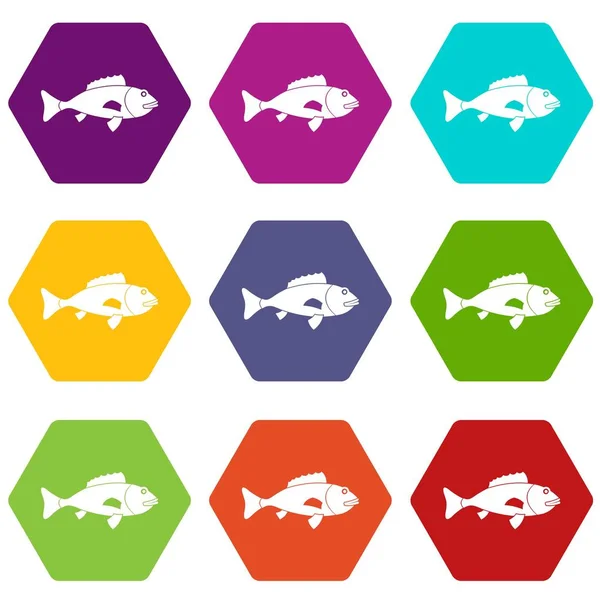 Conjunto de iconos de pescado hexaedro de color — Vector de stock