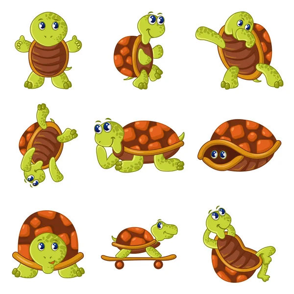 Gelukkig schildpad iconen set, cartoon stijl — Stockvector