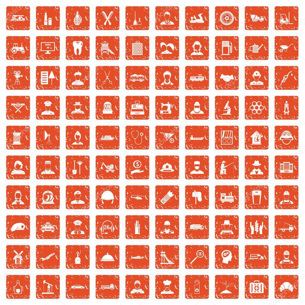 100 job icons set grunge orange