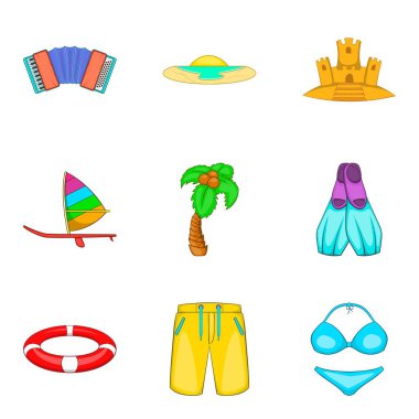 Sahil gezi Icons set, karikatür tarzı