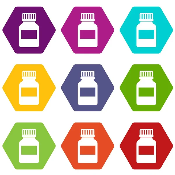Medizin Flasche Symbol Set Farbe Hexaeder — Stockvektor