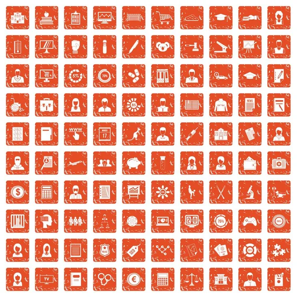 100 statistic data icons set grunge orange — Stock Vector