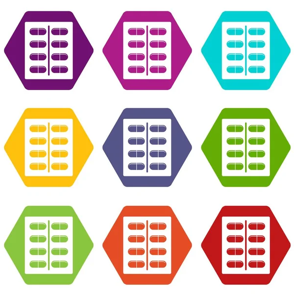 Cápsulas icono conjunto hexaedro color — Vector de stock