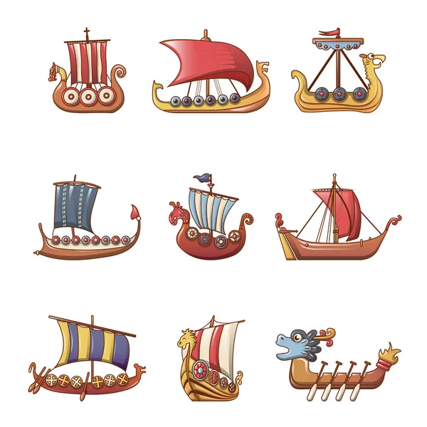 Wikingerschiff Drakkar Ikonen Set, Cartoon-Stil — Stockvektor