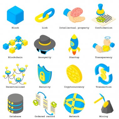 Blockchain Kripto para Icons set, izometrik stili