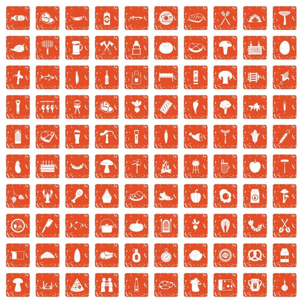 100 barbecue icons set grunge orange — Stock Vector