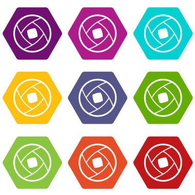 Renk altı yüzlü yarı kapalı objektif Icon set