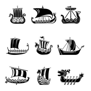 Viking gemi tekne drakkar Icons set, basit tarzı