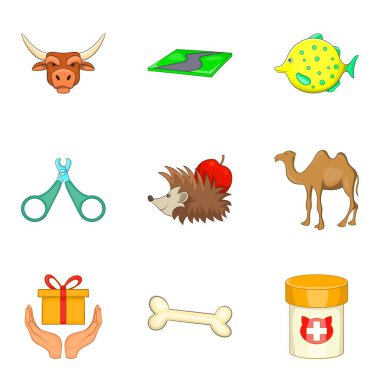 Evde beslenen hayvan dükkan Icons set, karikatür tarzı