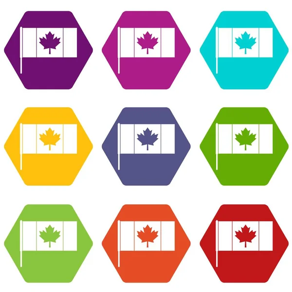 Bandeira do Canadá com ícone flagpole set color hexahedron — Vetor de Stock