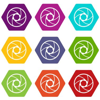 Renk altı yüzlü profesyonel objektif Icon set