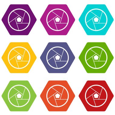 Renk altı yüzlü fotoğraf lens Icon set