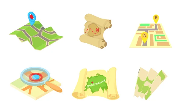 Conjunto de iconos de mapas, estilo dibujos animados — Vector de stock