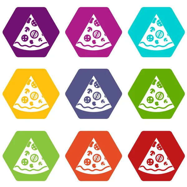 Pizza tranche icône ensemble couleur hexaèdre — Image vectorielle