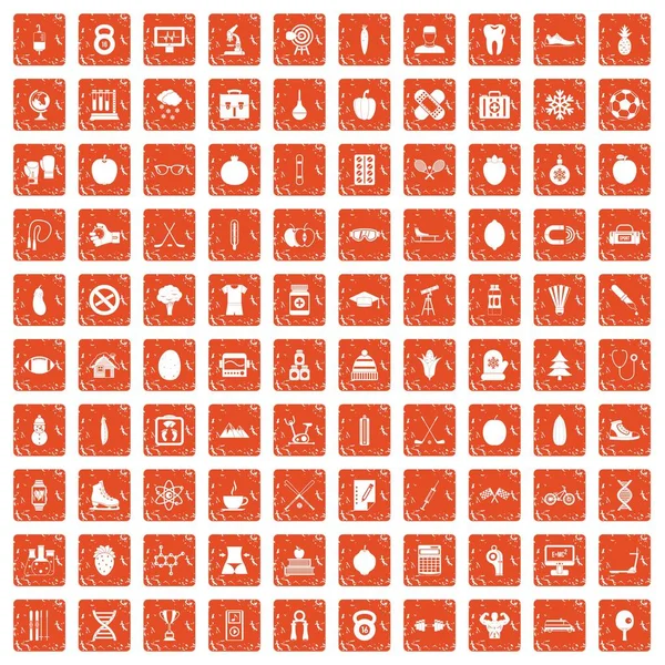 100 ben persona icone set grunge arancione — Vettoriale Stock