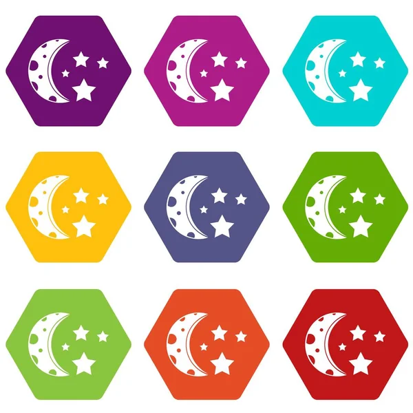 Starry night icon set color hexahedron — Stock Vector