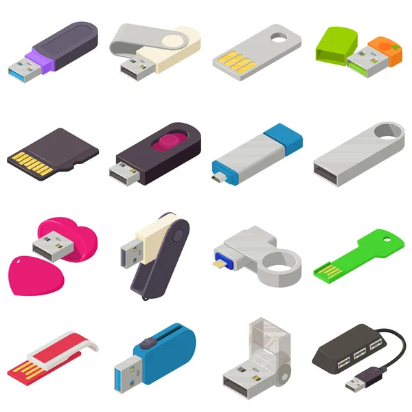 USB flash drive icons set, isometric style — Stock Vector
