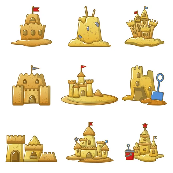 Conjunto de iconos de playa de castillo de arena, estilo de dibujos animados — Vector de stock
