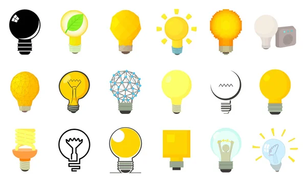 Conjunto de ícones de lâmpada, estilo cartoon — Vetor de Stock