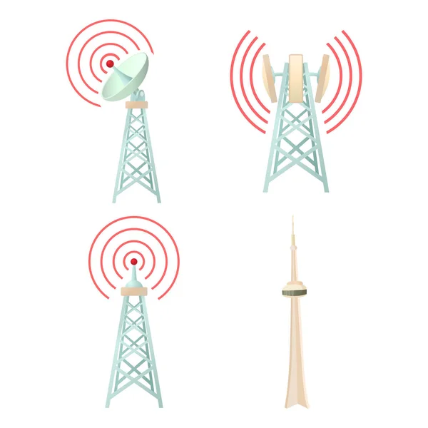 Conjunto de iconos de torre de comunicación tele, estilo de dibujos animados — Vector de stock
