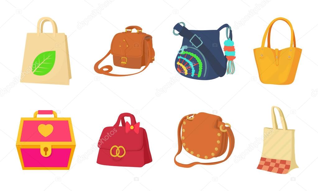 Bag icon set, cartoon style