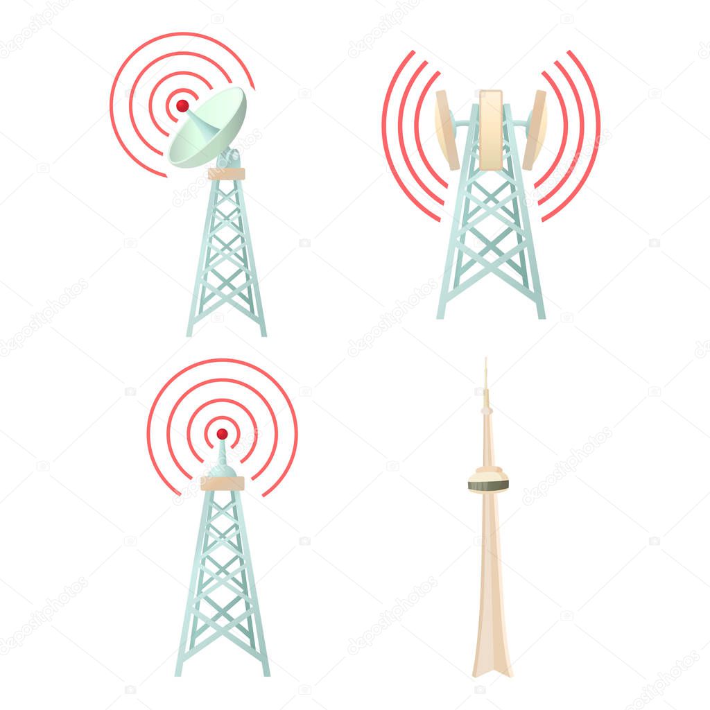 Tele communication tower icon set, cartoon style