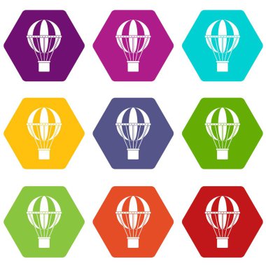 Renk altı yüzlü küresel seyahat kavramı Icon set
